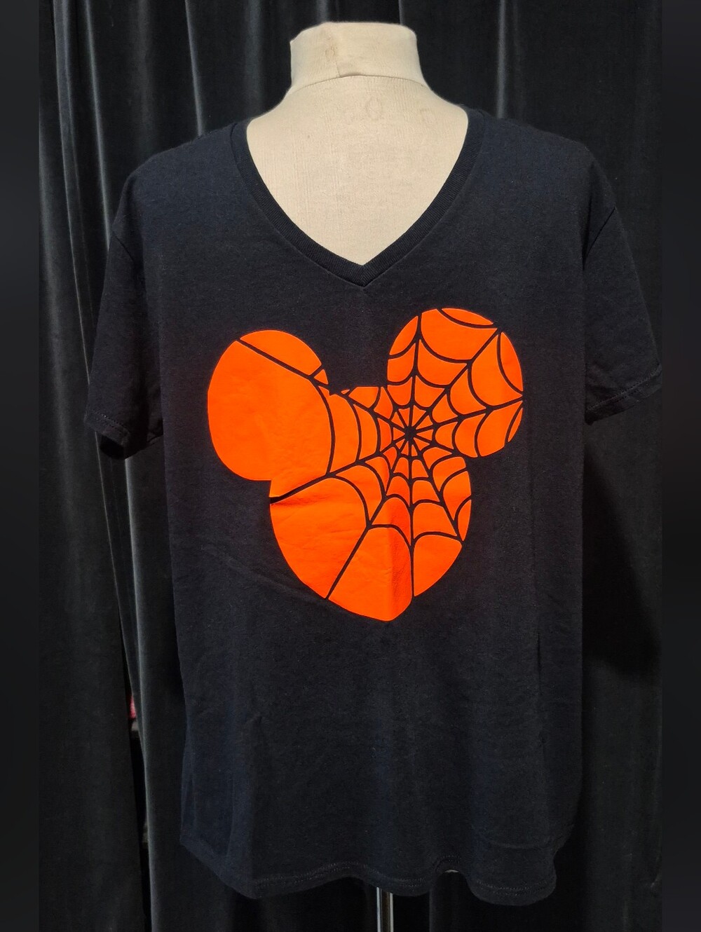 Kids Black V-Neck T-Shirt with Orange Spiderweb Heart